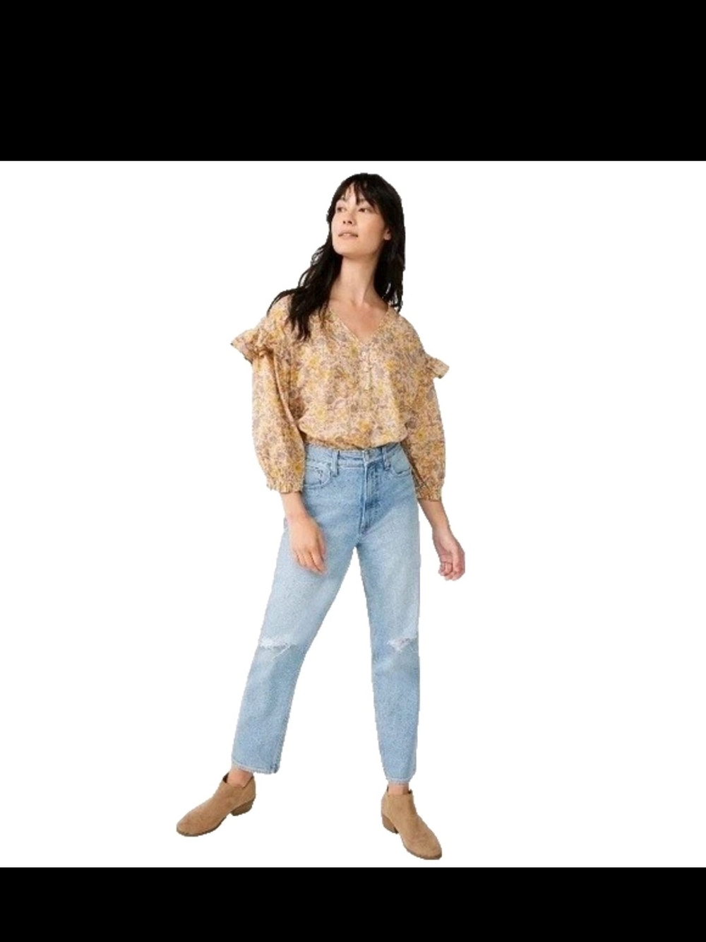Floral Puff-Sleeve Boyfriend Top in Yellow